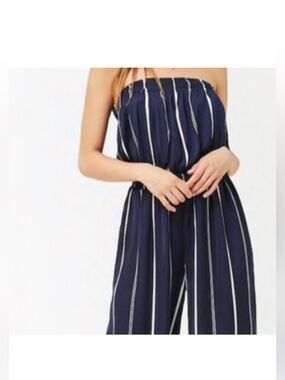 Forever 21 Navy & White Strapless Vertical-Stripe Jumpsuit